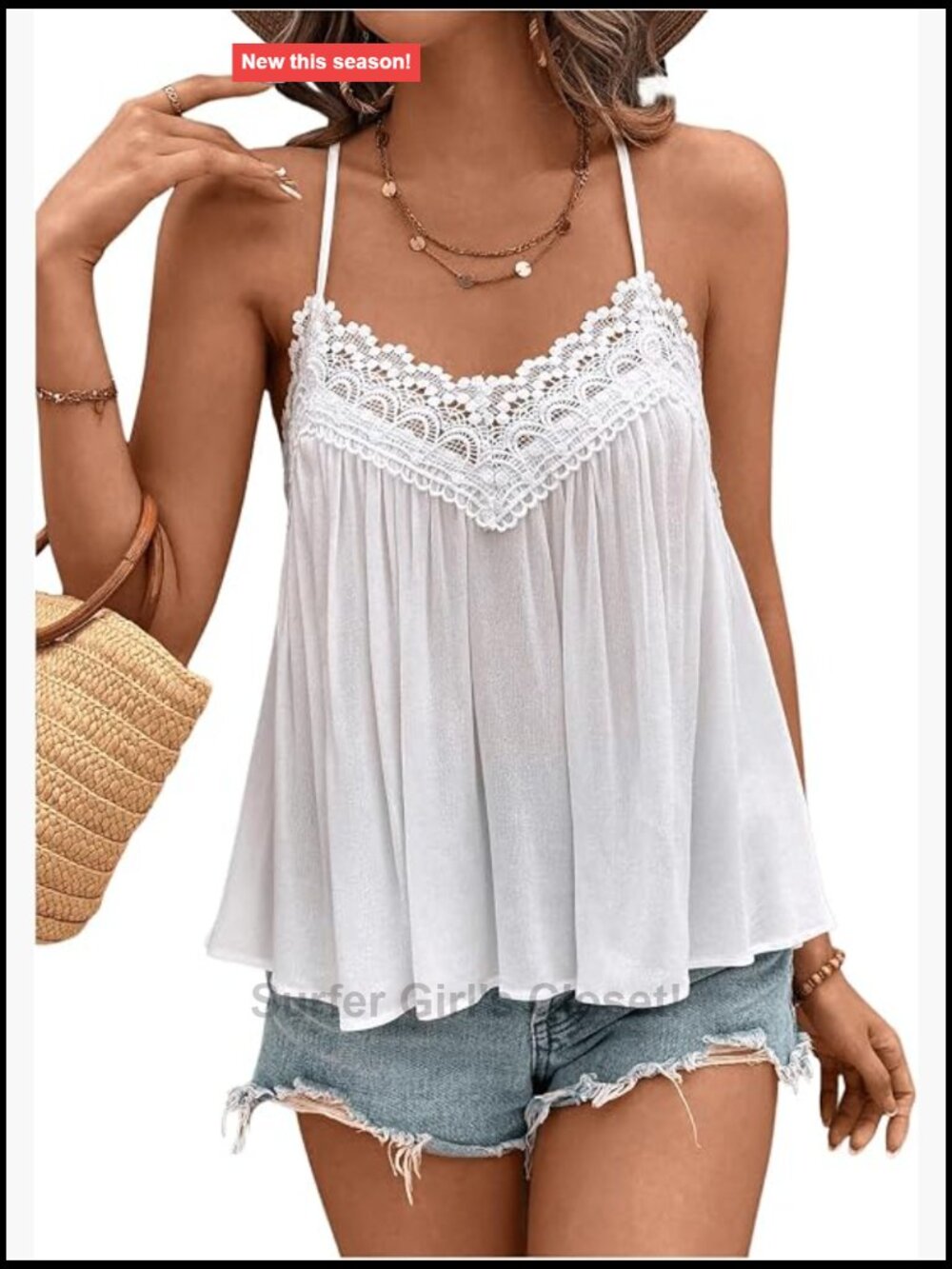 Flowy Lace Trim Backless Spaghetti Strap Ruffle Tank Camisole Summer Vacation